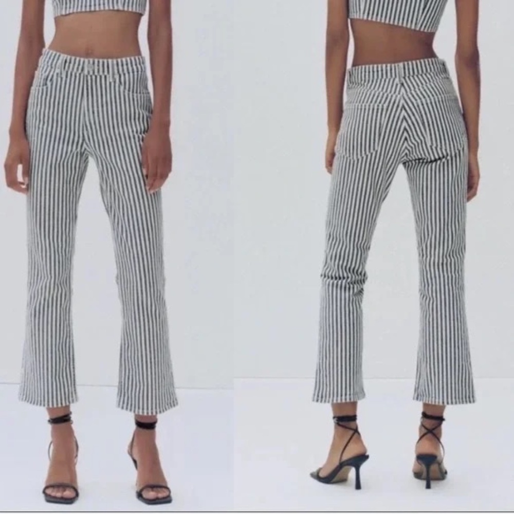 Zara Hi Rise Straight Flare Leg Pin Stripe Jeans Blue White